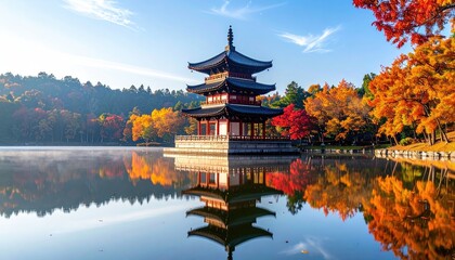 Fototapeta premium Autumn Pagoda Over Lake with Reflecting Trees and Blue Sky