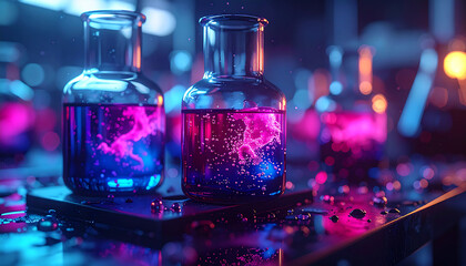 Atmospheric Biotech Lab: Glowing Cyan and Magenta Fluid in Black Obsidian Glassware