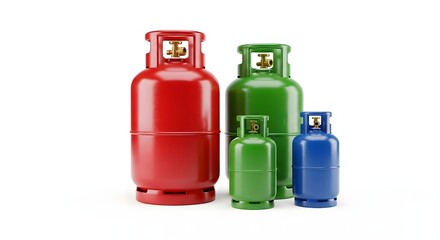 Group of colorful gas cylinders of different sizes on white background.