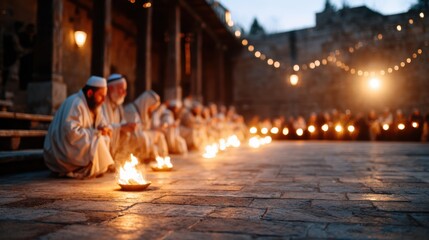 A serene scene of multiple individuals gathered around flickering flames in an ancient setting, creating an atmosphere of meditation and contemplation during twilight.
