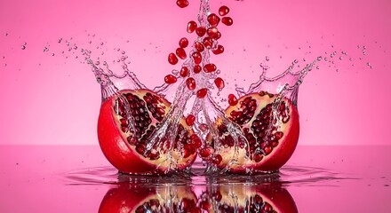 A fresh pomegranate cut in half with seeds splashing into water against a vibrant pink background
