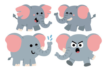 Adorable set of cartoon baby elephants expressing various emotions like surprise, excitement, anger, and happiness in a playful, flat design style.