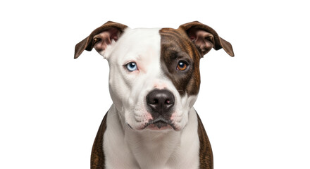 Isolated close-up of half-faced dog with different colored eyes looking at camera, studio shot