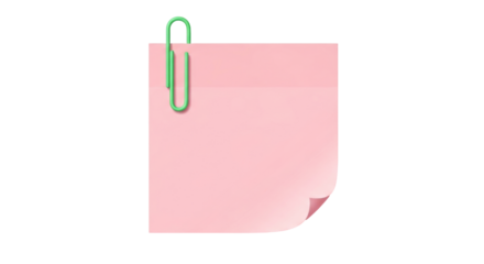 Isolated pink sticky note with green paper clip attached, essential office supply tool