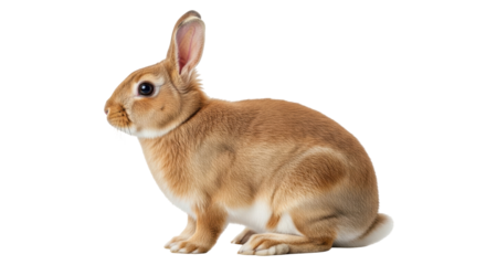 Isolated, brown rabbit sitting upright, alert and looking towards camera with curiosity