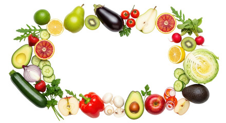 Isolated colorful frame of fruits and vegetables, healthy natural nutrition concept