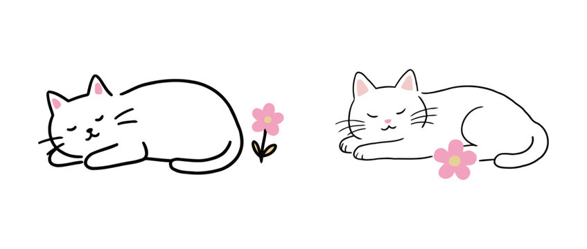 Two minimalist line art illustrations of a sleeping white cat with closed eyes, lying down next to small pink flowers, on a clean white background.