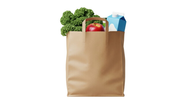 Isolated shopping bag with produce. Apple, kale and milk carton in brown paper bag.