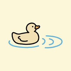 Cute minimalist hand-drawn illustration of a small yellow rubber duck floating on blue water ripples on a pale yellow background.