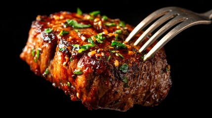 A beautifully cooked piece of steak is held by a fork, glistening with flavorful seasoning, showcasing its juiciness and inviting hunger, perfect for culinary photography.