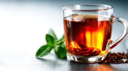 A clear glass cup filled with herbal tea and fresh mint leaves exudes tranquility and relaxation, inviting tea lovers to indulge in soothing moments and the essence of nature&rsquo;s flavors.