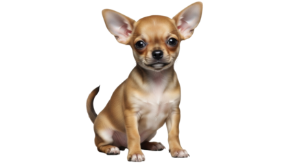 Isolated fawn Chihuahua sitting intently, eager and curious, adorable puppy looking at viewer