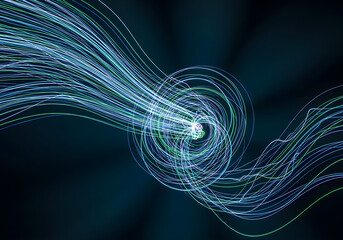 Abstract visualization of swirling blue and green light trails forming a vortex against a dark background.