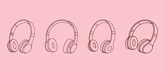 Four minimalist dark outline illustrations of over-ear headphones from various angles, symbolizing music, audio, and technology accessories on a pink background.
