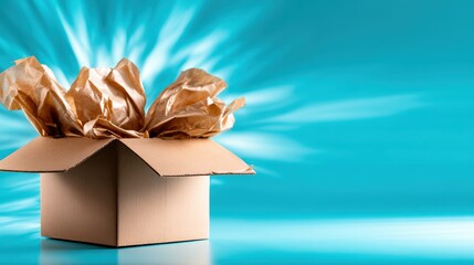 A partially open cardboard box with crumpled brown paper suggests anticipation and discovery, set against a vibrant blue backdrop that enhances creativity and curiosity.