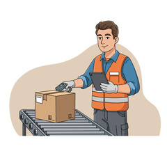 Delivery worker scanning a barcode on a package with a handheld device, illustrating logistics, inventory management, and parcel tracking, a vector illustration of modern shipping process.