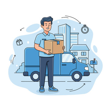 Delivery man standing and holding a cardboard box, with a logistics and transportation background, a professional vector illustration for shipping, courier, and e-commerce concepts.