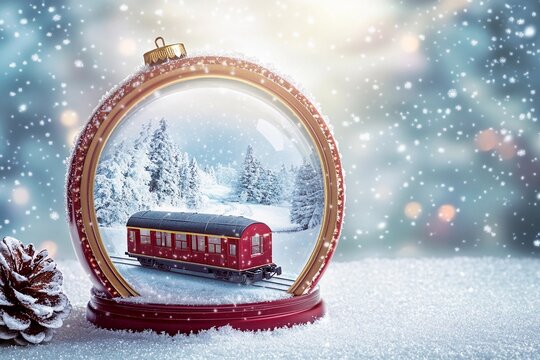 Tiny train moves through snow globe while snowflakes gently fall on a winter's day