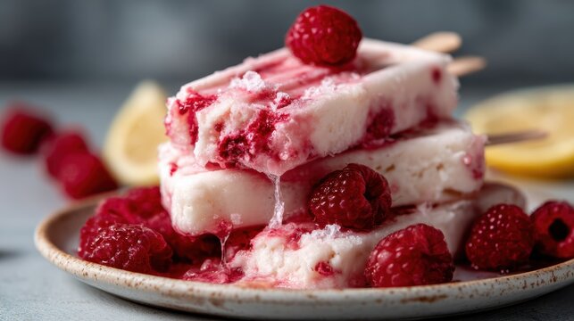 A vibrant display of raspberry popsicles stacked elegantly, showcasing the fresh raspberries and bright colors that make for a refreshing summer treat ideal for cooling off.