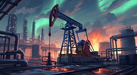 Oil pumpjack in an industrial landscape with aurora borealis.