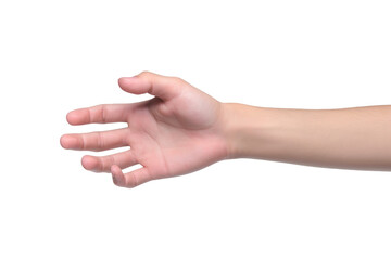 man hand holding something like a bottle on white background