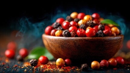 A bowl filled with an array of vibrant spices creates a visual feast, emphasizing rich colors and textures that evoke the essence of culinary arts and the joy of cooking.