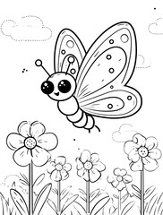 A cute butterfly with flower in the meadow coloring page