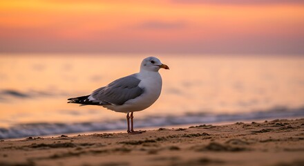 Seagull standing on sandy beach at sunset with orange sky
