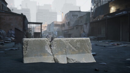 A desolate alleyway filled with trash and rubble, featuring a cracked concrete block at the center. The background reveals partially visible buildings, suggesting urban decay.