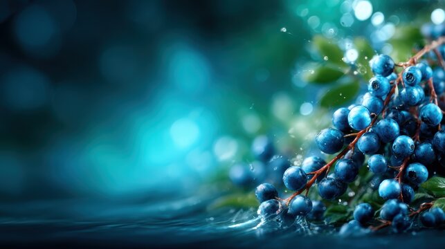 A close-up of fresh blueberries surrounded by splashes of water, capturing the juiciness and vibrancy of these berries, perfect for conveying freshness and health.