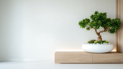 An elegant bonsai tree displayed in a minimalist pot reflects peace, patience, and tranquility while enhancing a serene environment with its artistic sophistication.