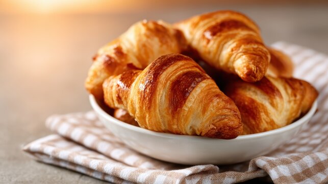 An inviting presentation of warm, golden croissants arranged in a white bowl, perfect for breakfast or a delightful pastry experience any time of day.