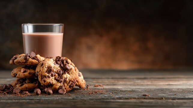 A mouth-watering display of chocolate chip cookies stacked on a rustic wooden table, accompanied by a glass of creamy milk, ideal for sharing moments of joy.