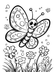 A cute butterfly with flower in the meadow coloring page