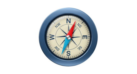 Isolated compass with blue rim, red needle pointing to North direction for navigation