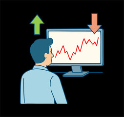 Stock investment vector illustration: up and down graph, person looking at monitor screen, green and red trend arrows. b3.eps