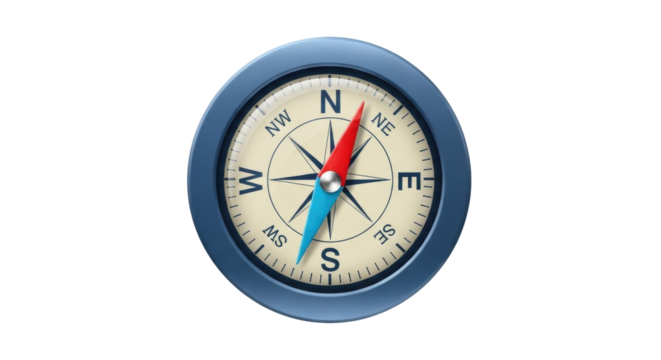 Isolated compass with blue rim, red needle pointing to North direction for navigation - Powered by Adobe