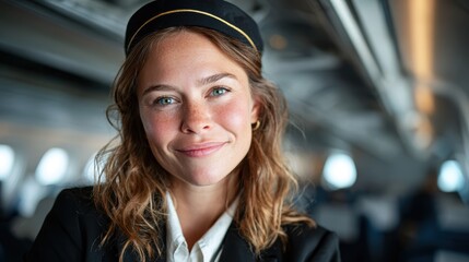 A friendly airline crew member with a warm smile stands ready to welcome passengers aboard, wearing a stylish uniform that captures the essence of professionalism and service in air travel.