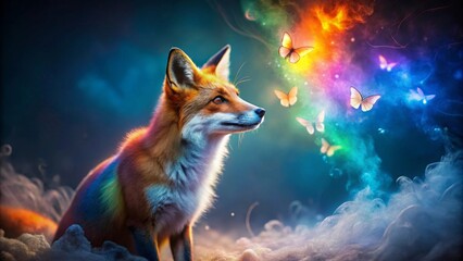 A Majestic Red Fox Amidst a Whimsical Dreamlike Atmosphere of Rainbow Hues and Fluttering Butterflies