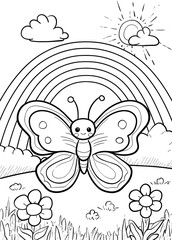 Butterfly with flower and rainbow coloring page