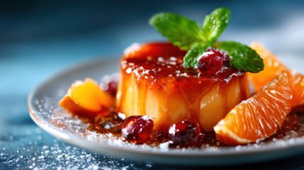 A beautifully presented flan dessert topped with caramel sauce, fresh mint, and colorful orange pieces, embodying sweetness and culinary artistry.