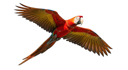 Isolated Red-and-Yellow Macaw in Flight, with Wings Spread, Feathers, and a Natural Appearance