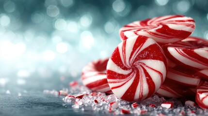 A collection of vibrant peppermint candies stacked on a surface with a shimmering ice backdrop, evoking a sense of nostalgia and festive sweetness.