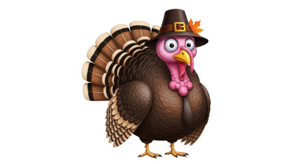 Isolated cartoon turkey wearing a pilgrim hat with maple leaf in celebration of Thanksgiving