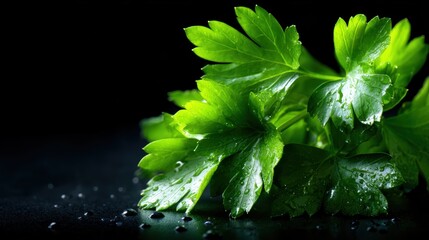 An arrangement of fresh green parsley leaves glistening with water droplets on a dark surface, highlighting their vivid color and inviting freshness for culinary use.