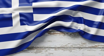 The national flag of greece, a blue and white striped banner with a cross, waving gently over a distressed wooden surface