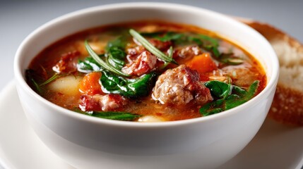 A flavorful bowl of soup featuring meat, fresh vegetables, and vibrant herbs displaying rich colors and textures, perfect for a comforting meal or cold day.