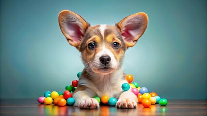 Adorable Puppy Surrounded by a Colorful Array of Playful Spheres on a Dark Wooden Surface