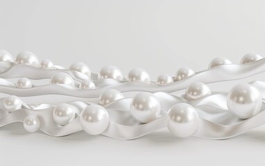 Elegant pearl beads on white silk ribbon, fashion design use, luxury blurred scene