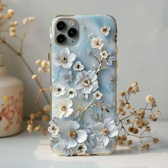 Elegant phone case with 3D floral design in soft blue and white hues, showcasing intricate detailing and gold accents.  It rests on a surface amongst dried flowers